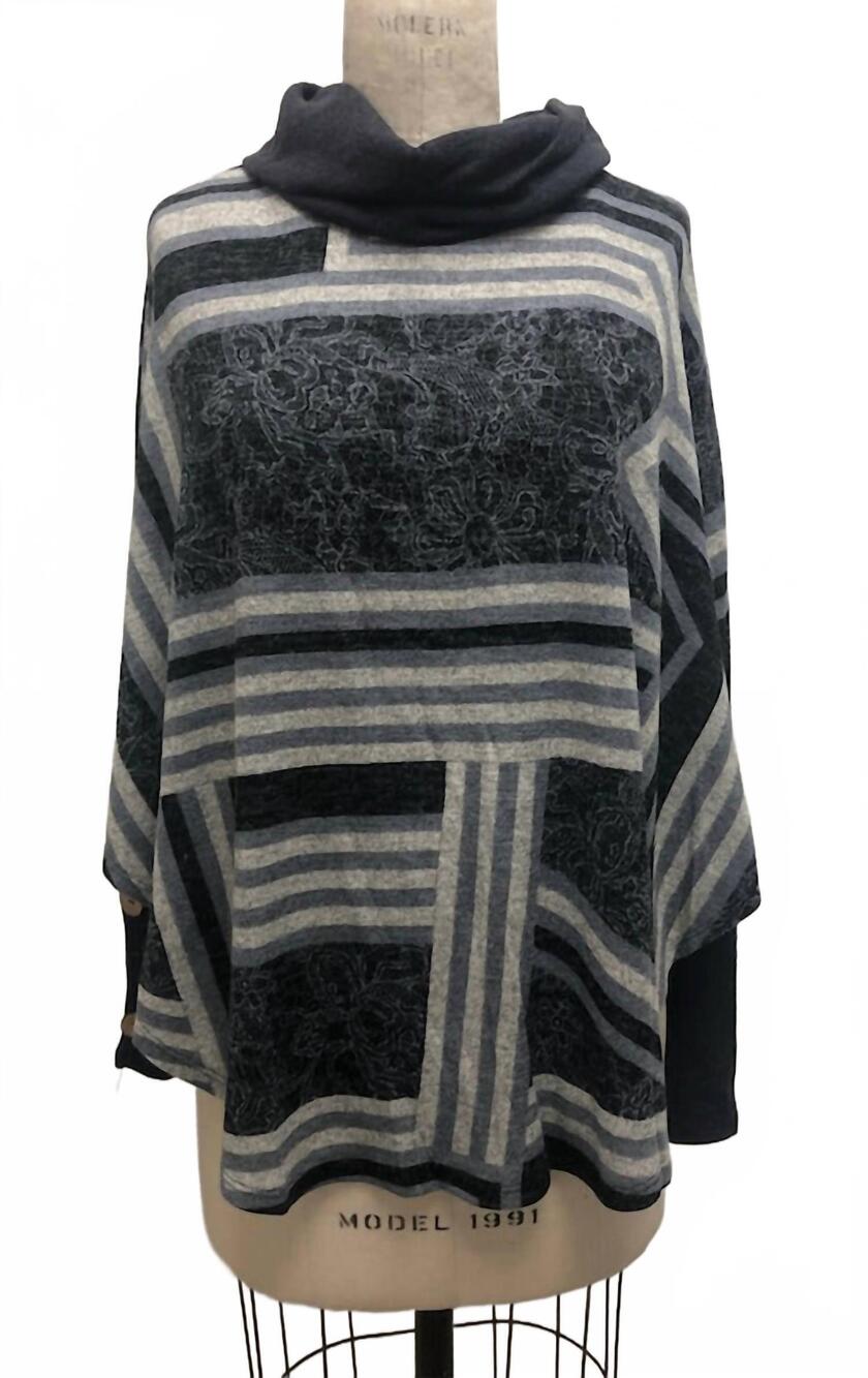 NEW PAPILLON women's filigree & asymmetrical stripe print poncho in grey